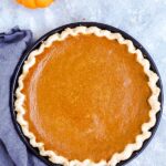 Pumpkin Pie auf einem Tisch mit einem schwarzen Tuch und frischen Kürbissen