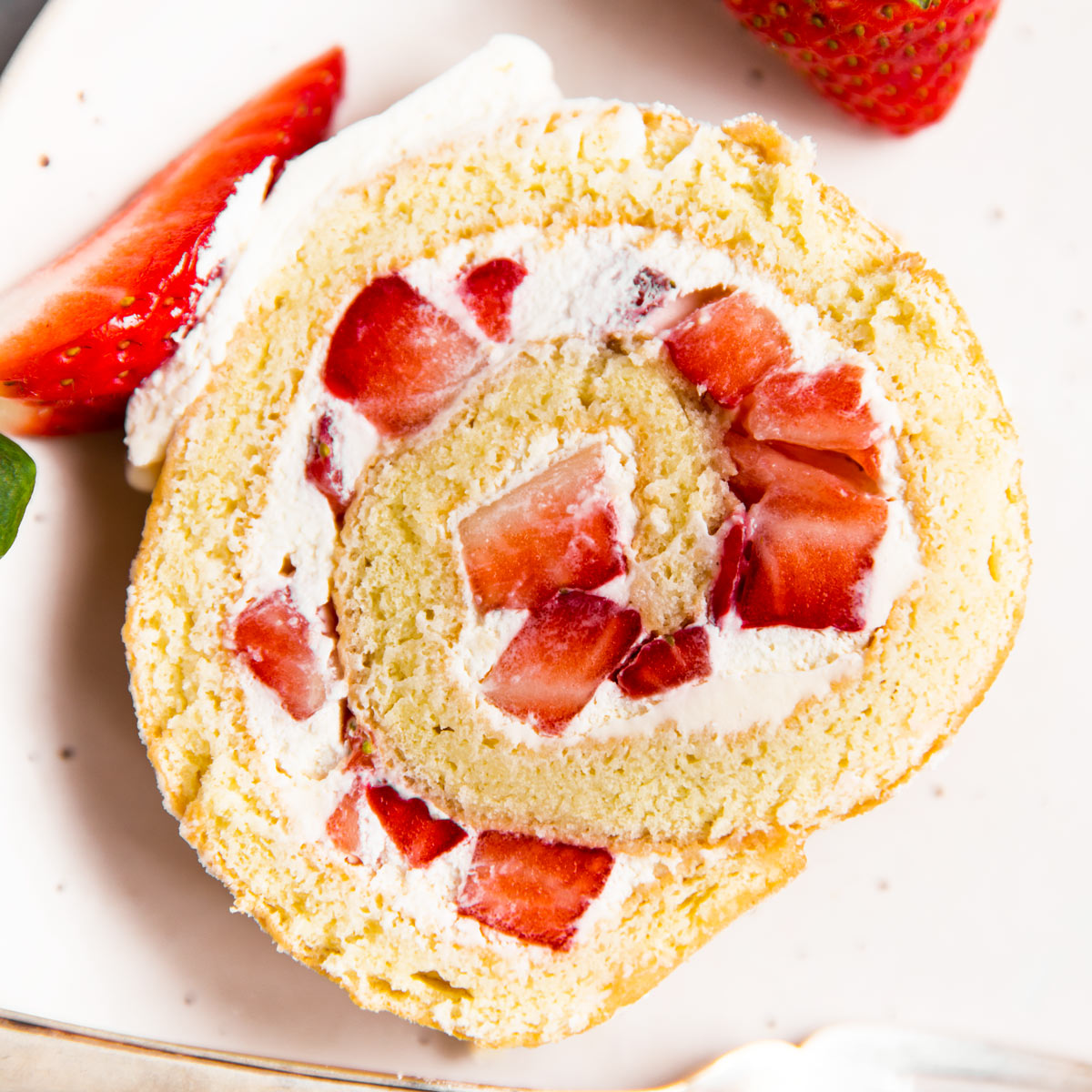 Nahaufnahme von einem Stück Biskuitroulade mit Erdbeerfüllung