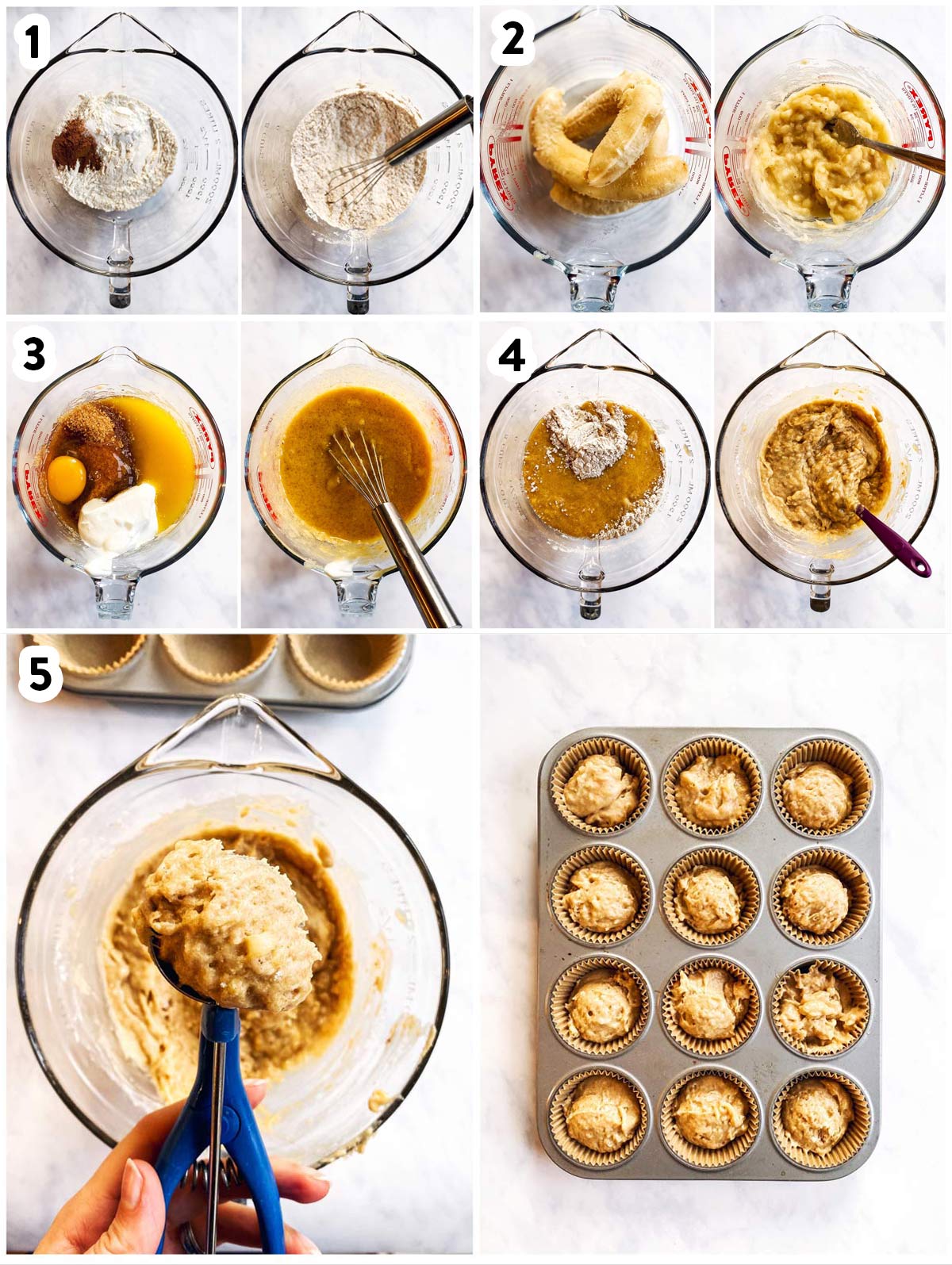 Bild-Collage mit Schritten, um Bananenmuffins zu backen